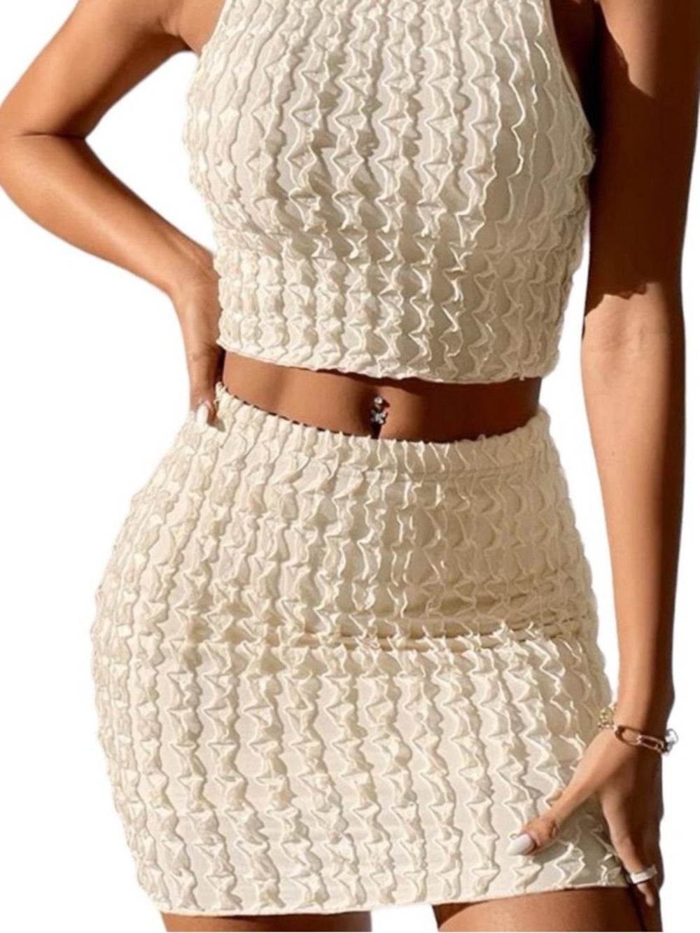 Textured Cream Smocked Mini Skirt — Women's